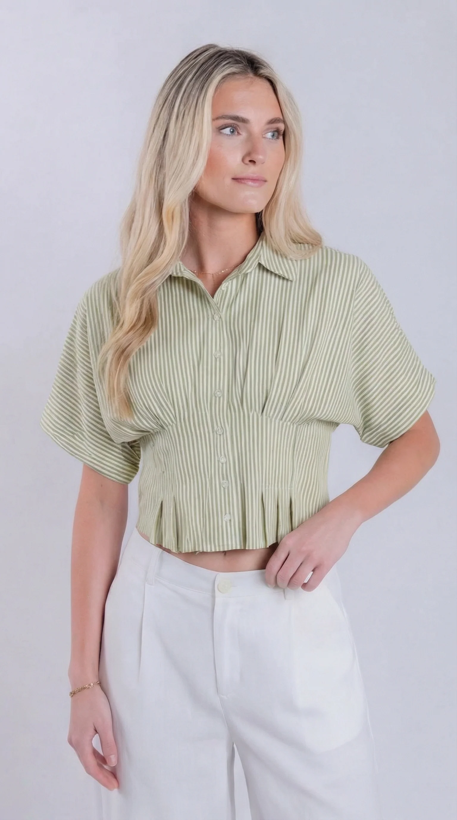 Cinched Waist Button Down Short Sleeve Top - Image 4