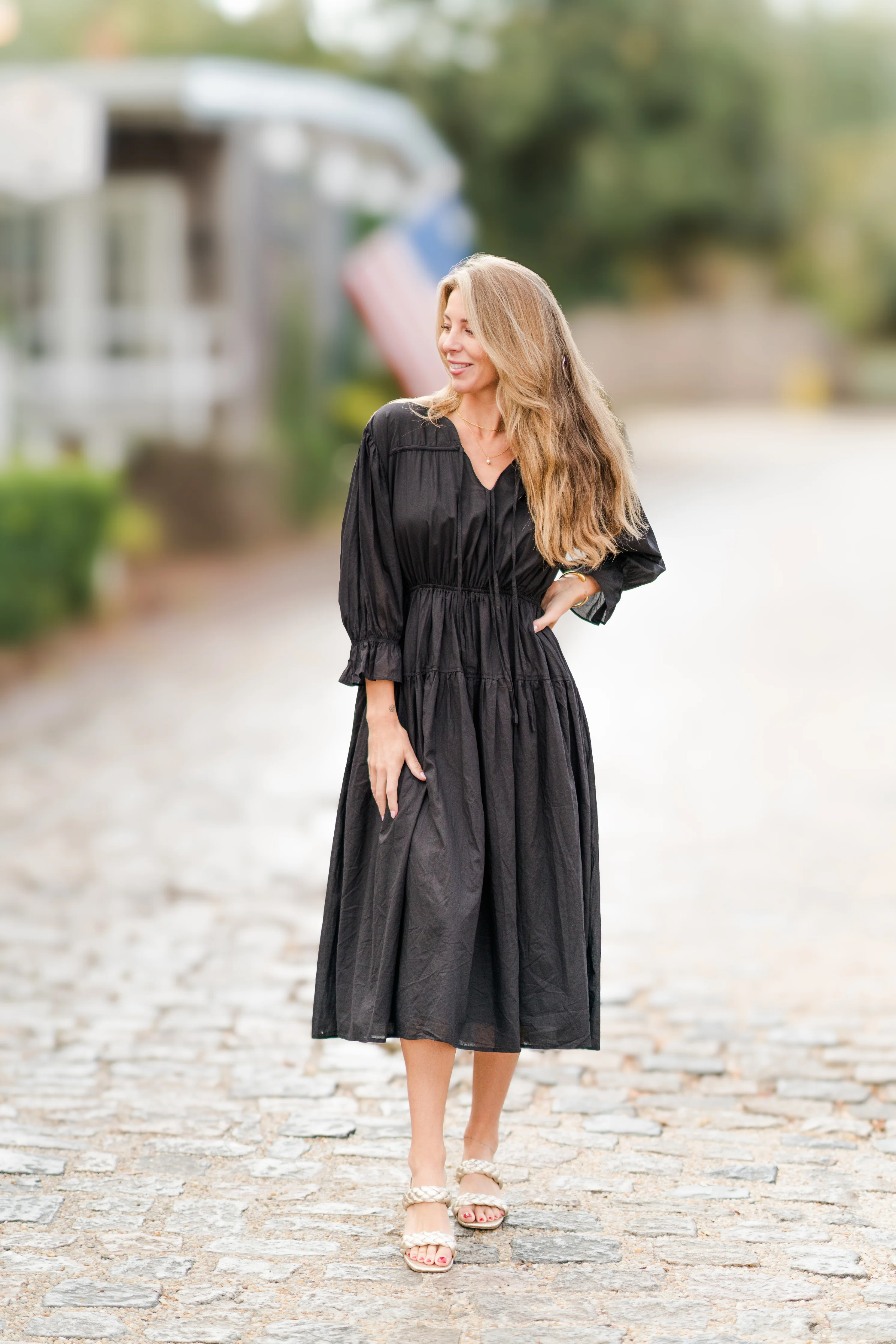 Tie V-Neck Long Sleeve Cinched Waist Midi Dress - Image 4